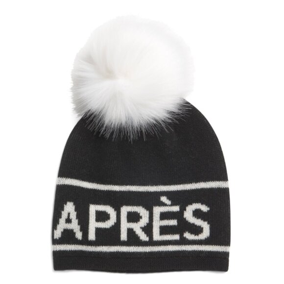 HANNAH ROSE Black/White Merino Wool Blend Apres Hat With Faux Fur Pom - Picture 2 of 2